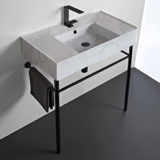 Console Bathroom Sink Marble Design Ceramic Console Sink and Matte Black Stand, 32